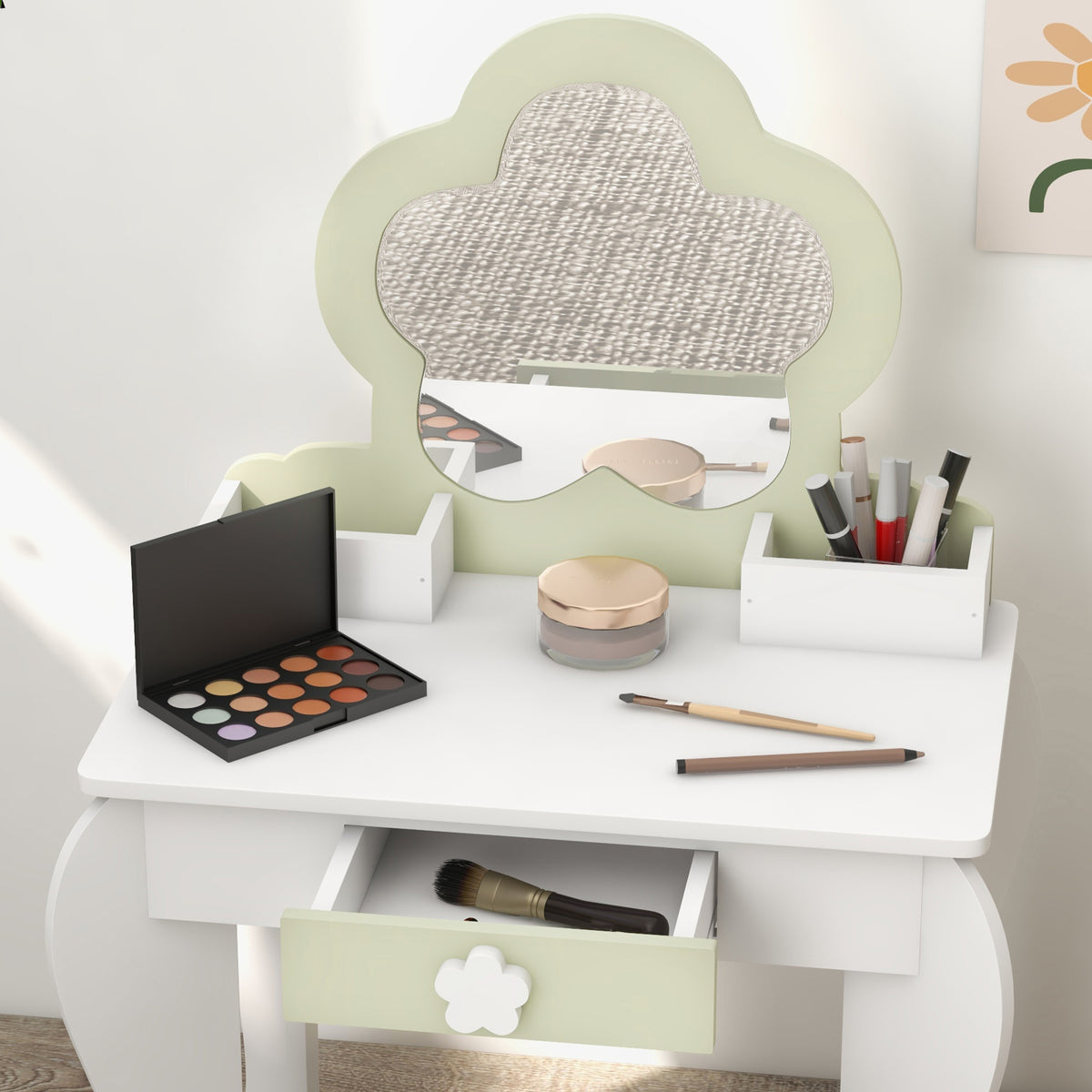 Wooden Kids Dressing Table Set 55cm Wide Flower Design - Velmora
