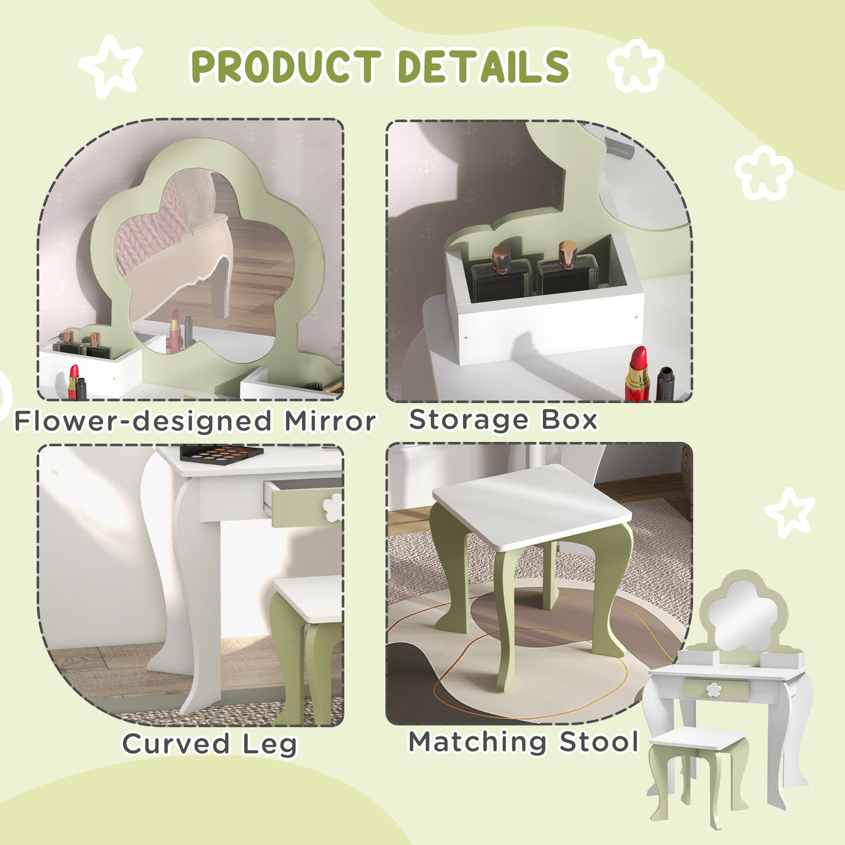 Wooden Kids Dressing Table Set 55cm Wide Flower Design - Velmora