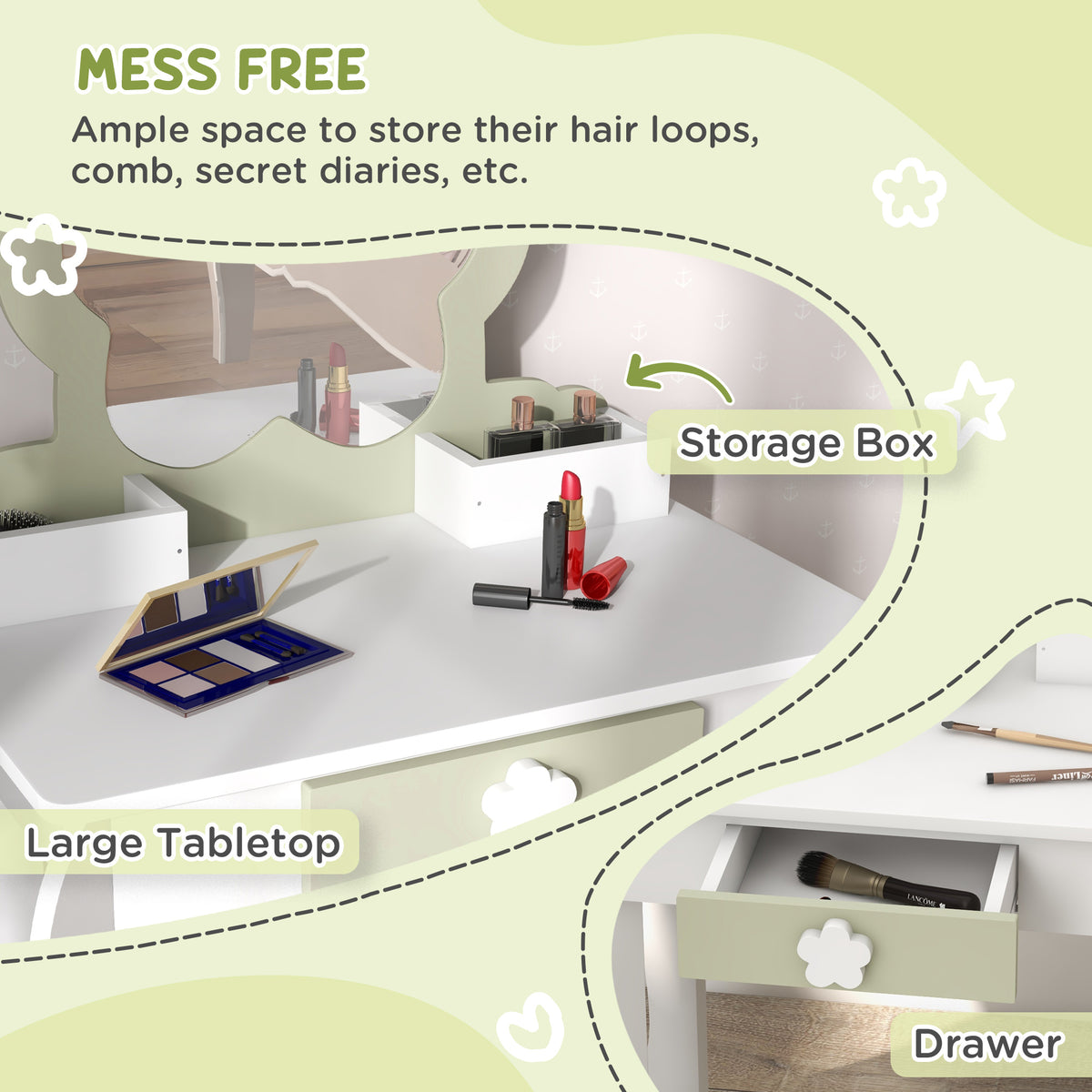 Wooden Kids Dressing Table Set 55cm Wide Flower Design - Velmora