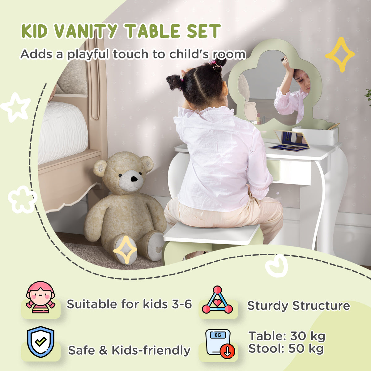 Wooden Kids Dressing Table Set 55cm Wide Flower Design - Velmora