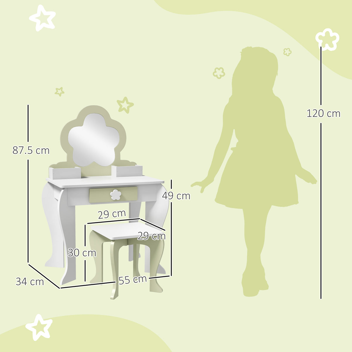Wooden Kids Dressing Table Set 55cm Wide Flower Design - Velmora