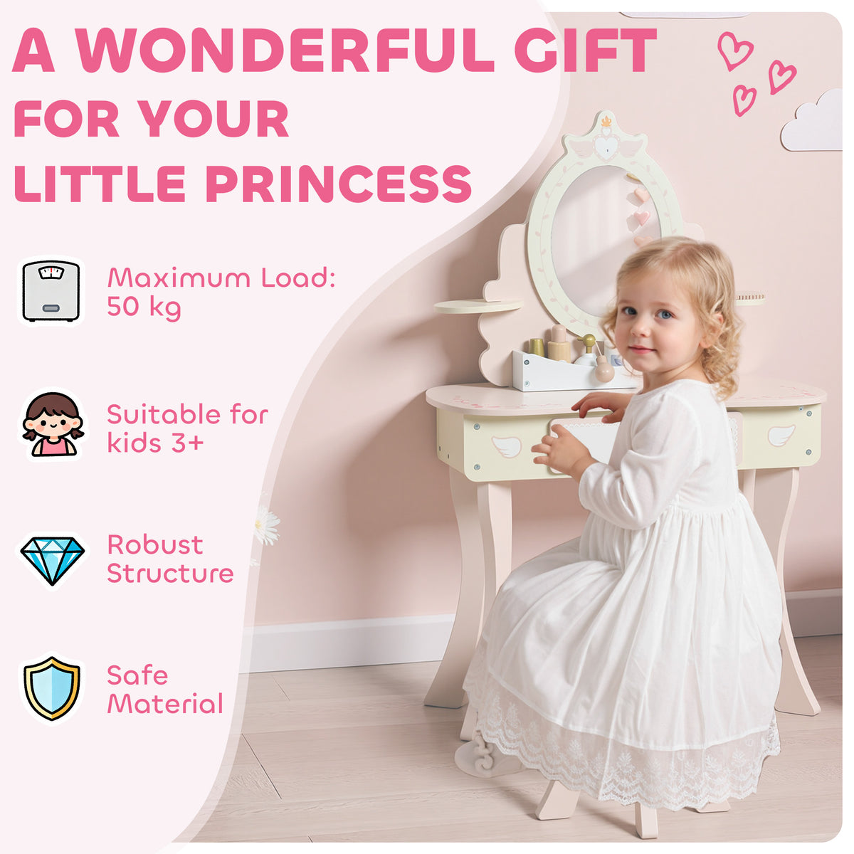 Wooden Kids Dressing Table Set 59.5cm Wide - Velmora