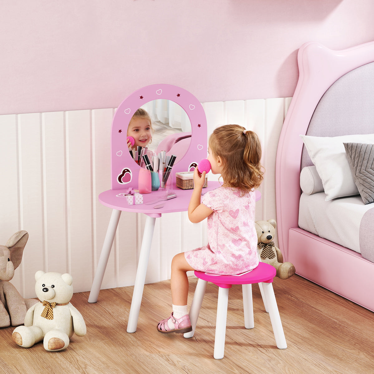 Wooden Kids Dressing Table Set 60cm Wide Heart Design - Velmora