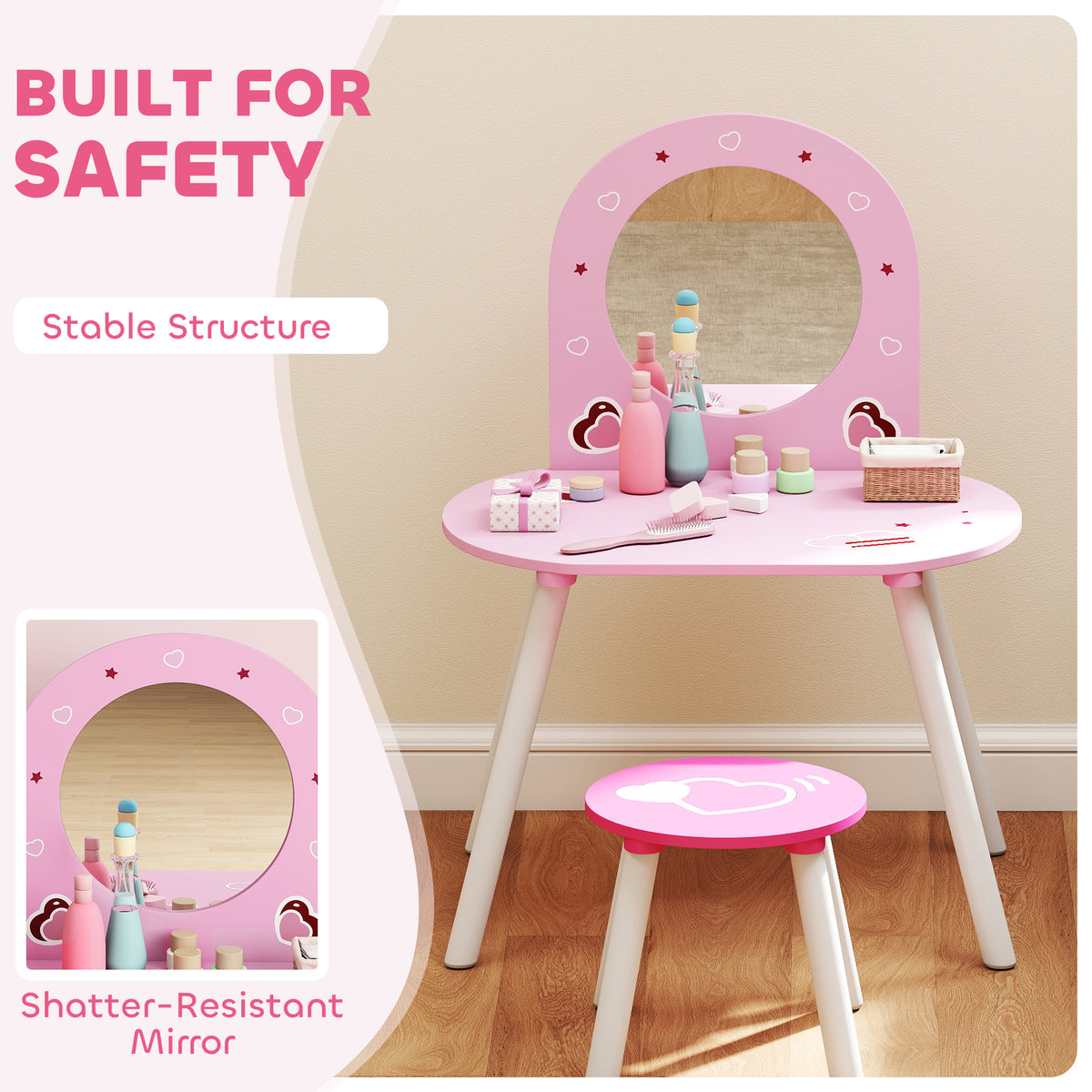 Wooden Kids Dressing Table Set 60cm Wide Heart Design - Velmora