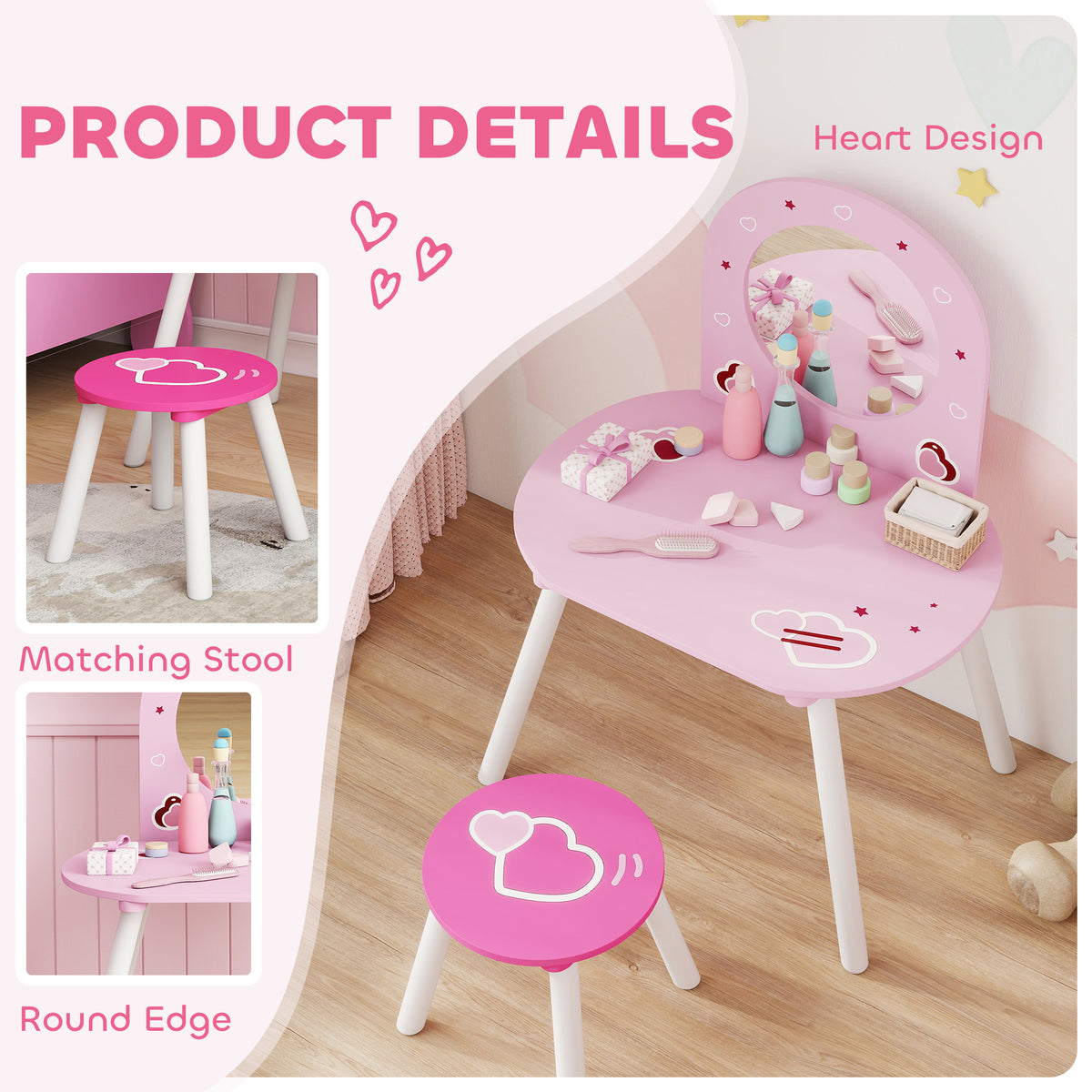 Wooden Kids Dressing Table Set 60cm Wide Heart Design - Velmora