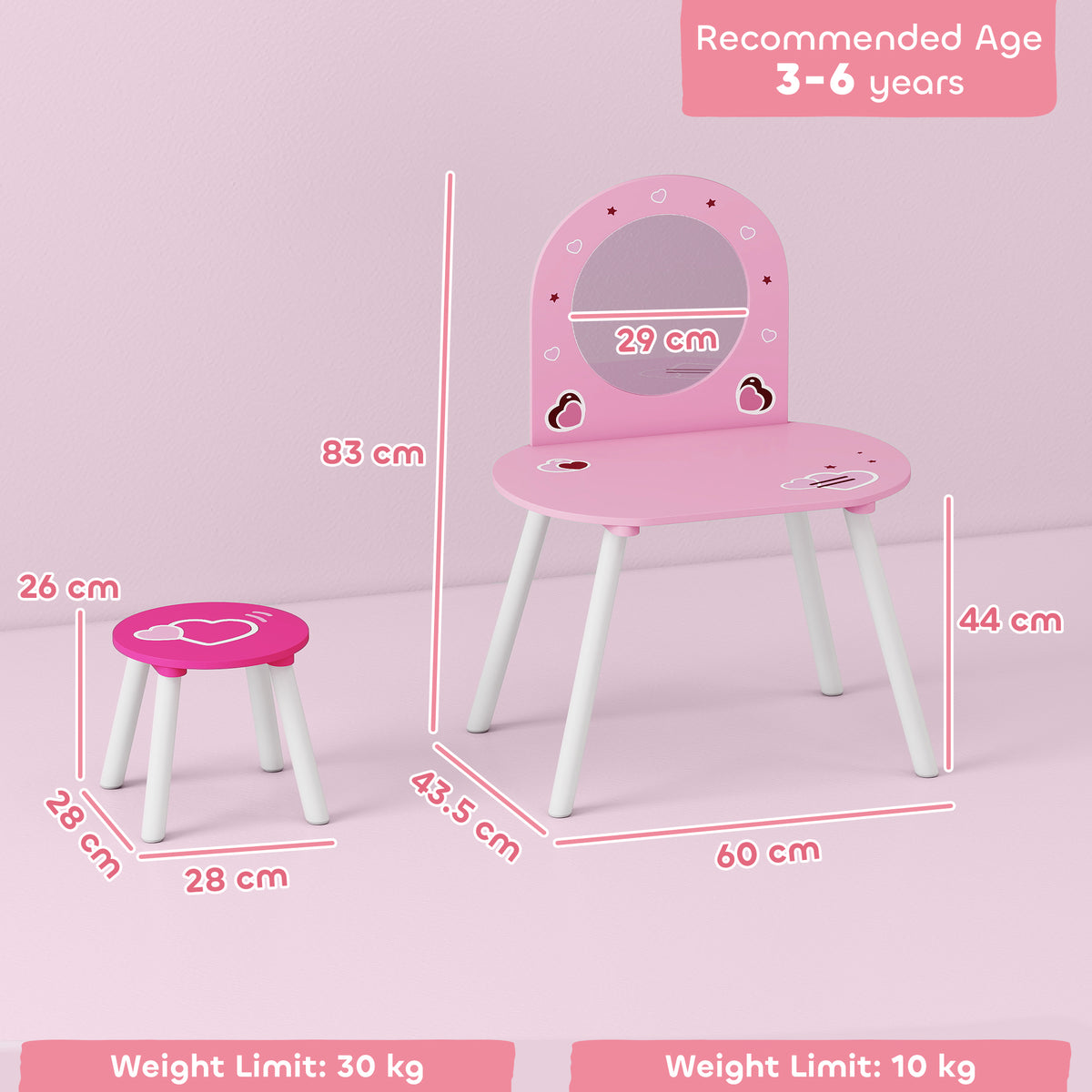 Wooden Kids Dressing Table Set 60cm Wide Heart Design - Velmora