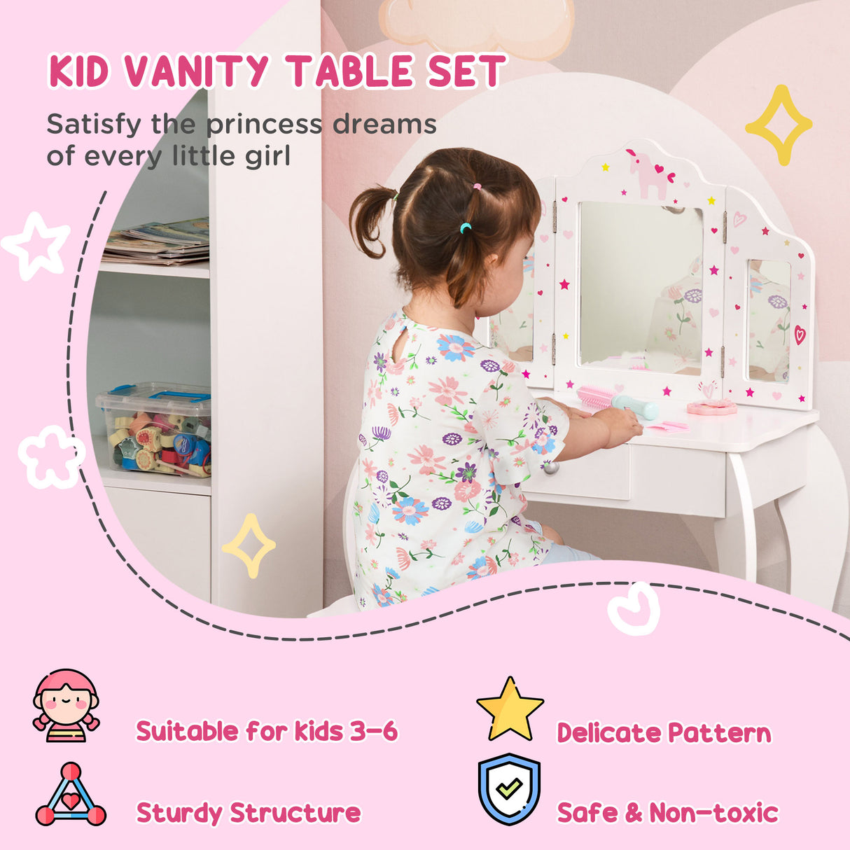 Wooden Kids Dressing Table Set 63cm Wide - Velmora