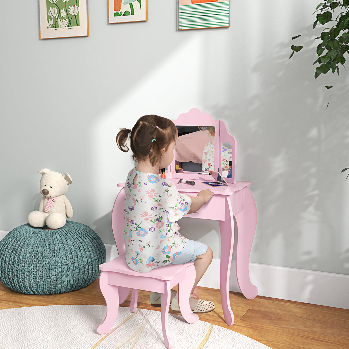 Wooden Kids Dressing Table Set 63cm Wide - Velmora
