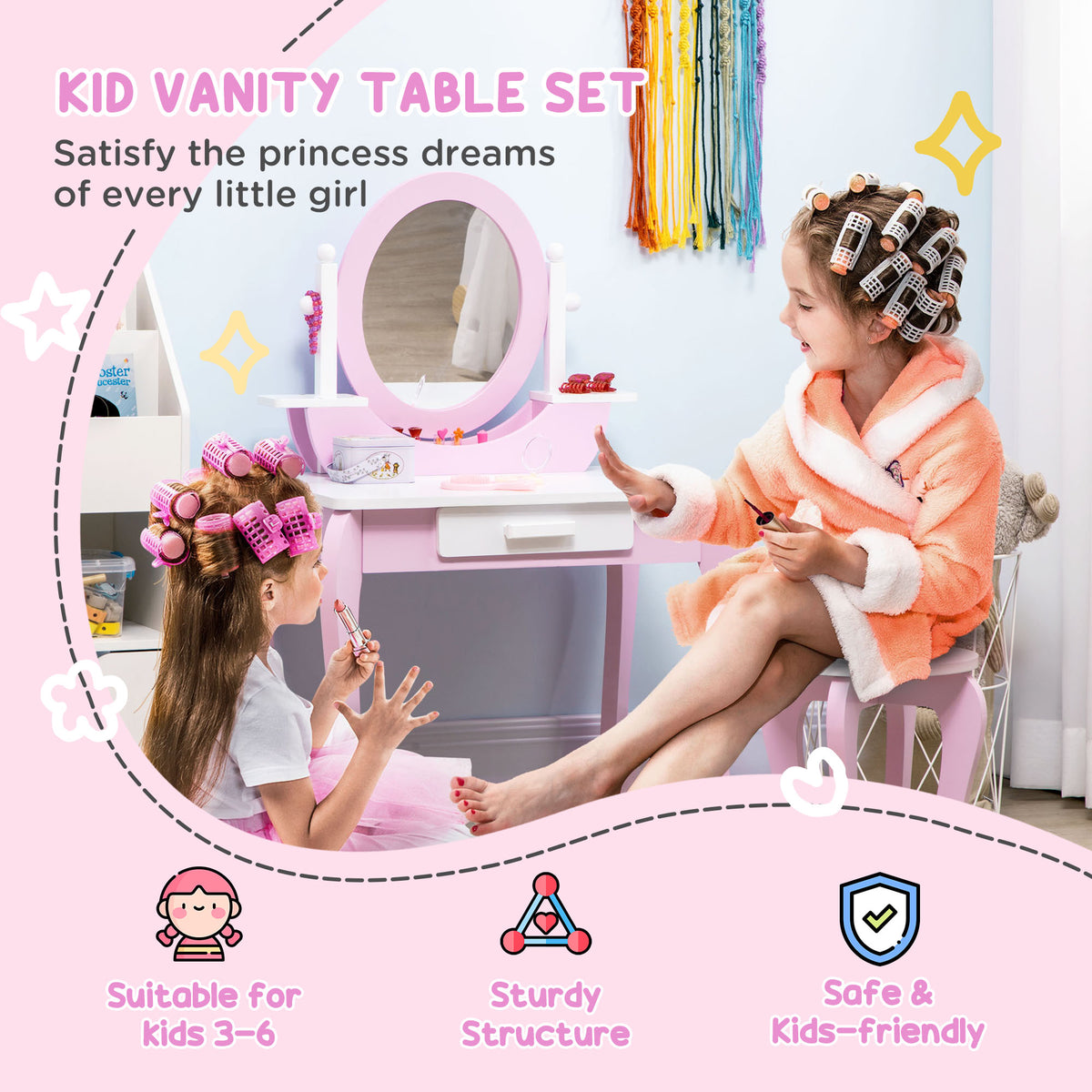 Wooden Kids Dressing Table Set 65.5cm Wide - Velmora