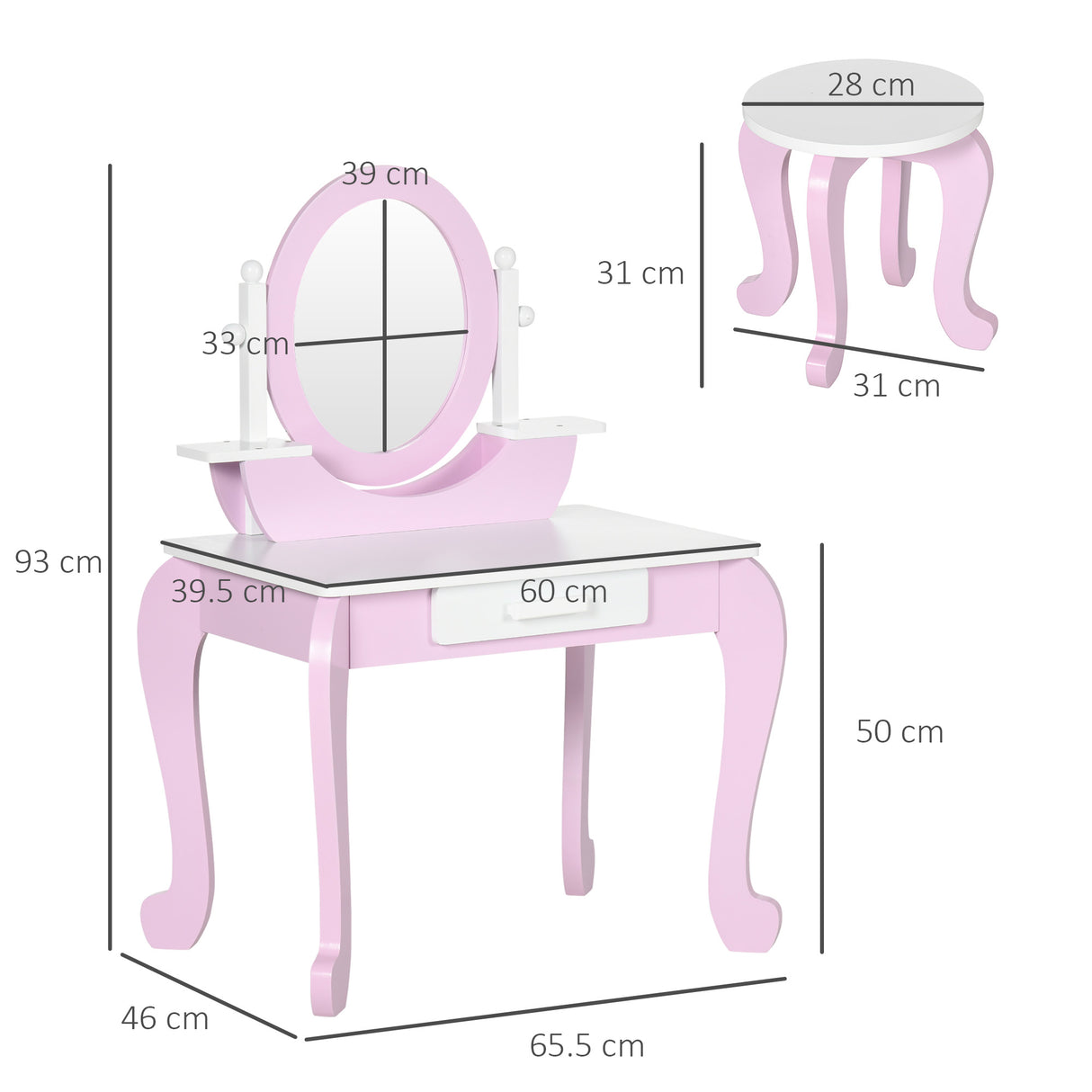 Wooden Kids Dressing Table Set 65.5cm Wide - Velmora