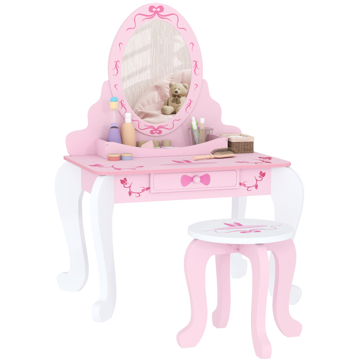 Wooden Kids Dressing Table Set 65cm Wide Ballet Theme - Velmora