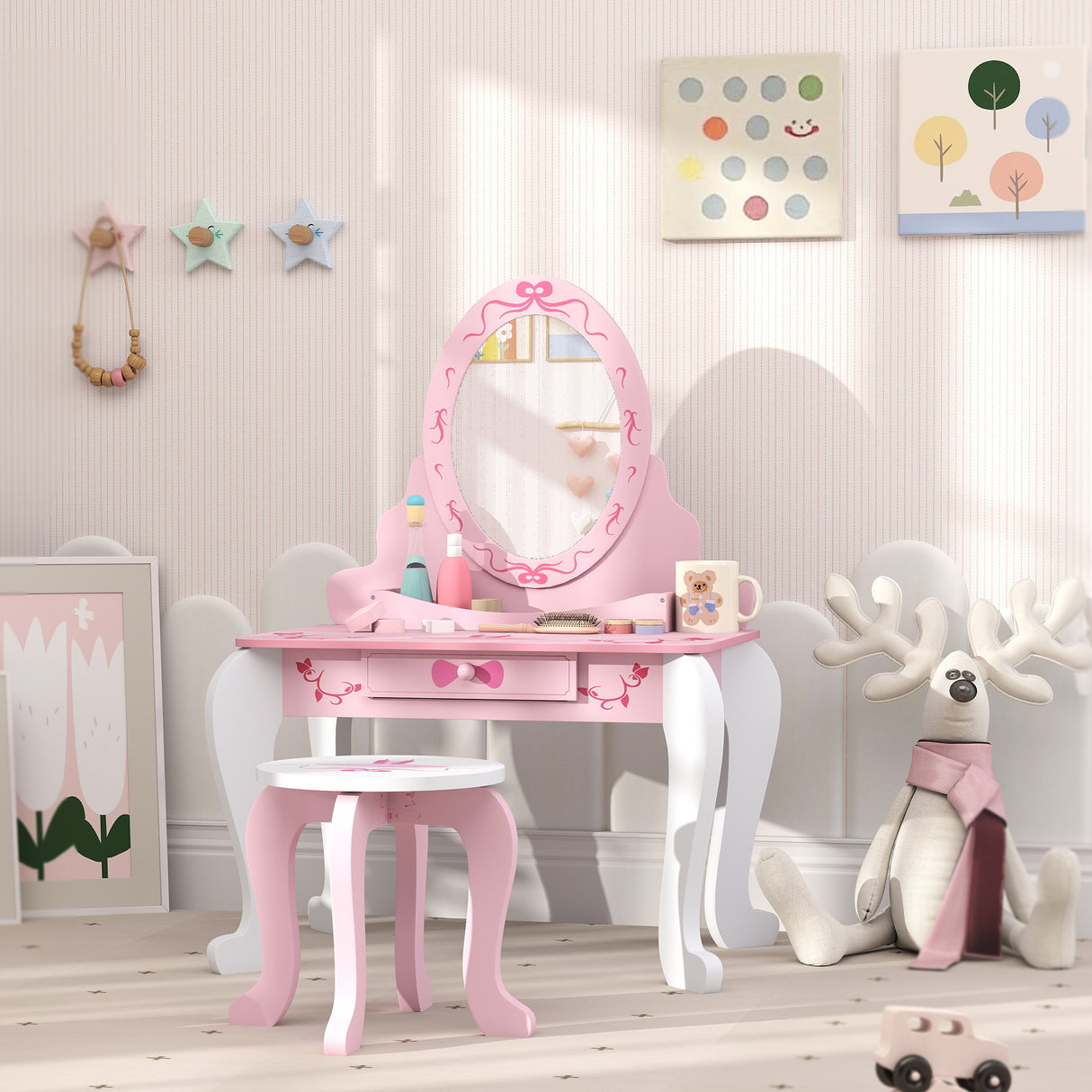 Wooden Kids Dressing Table Set 65cm Wide Ballet Theme - Velmora