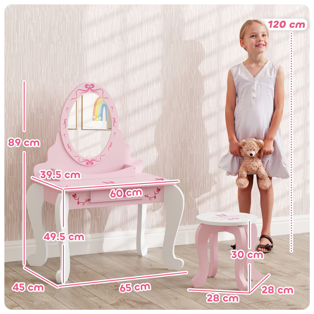 Wooden Kids Dressing Table Set 65cm Wide Ballet Theme - Velmora