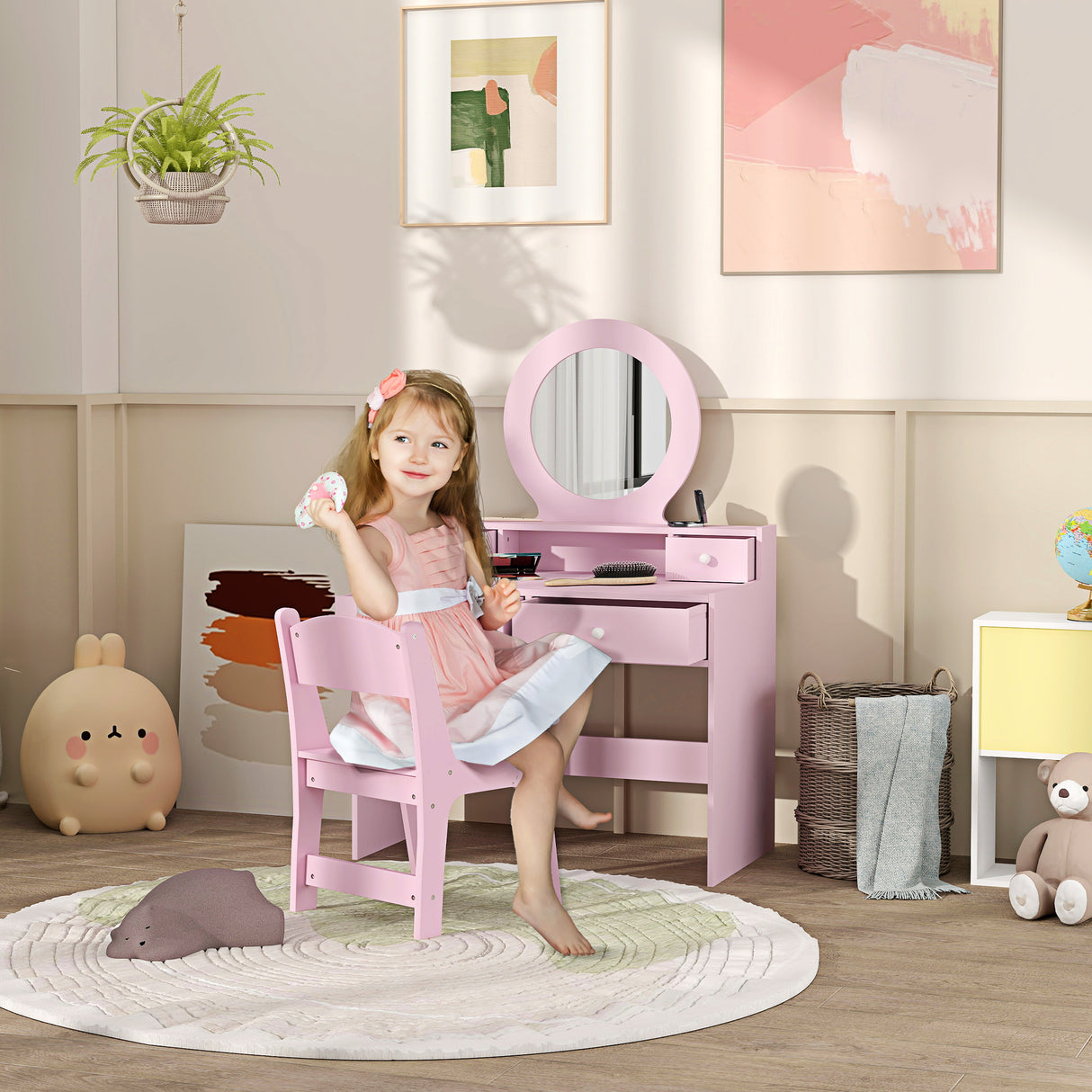 Wooden Kids Dressing Table Set 70cm Wide - Velmora