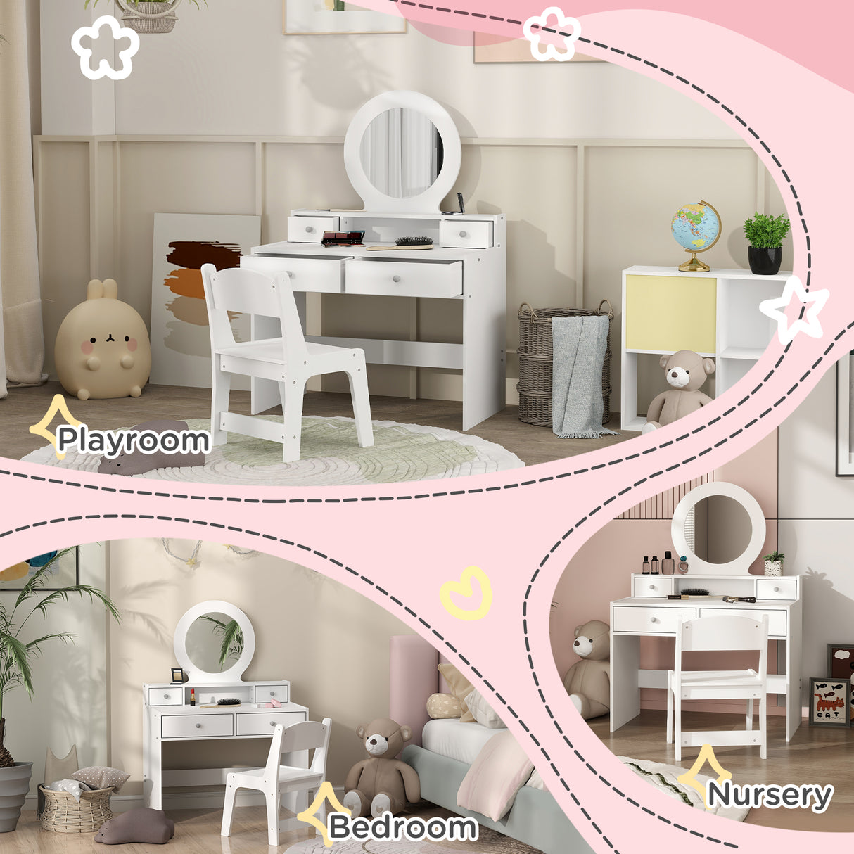 Wooden Kids Dressing Table Set 70cm Wide - Velmora