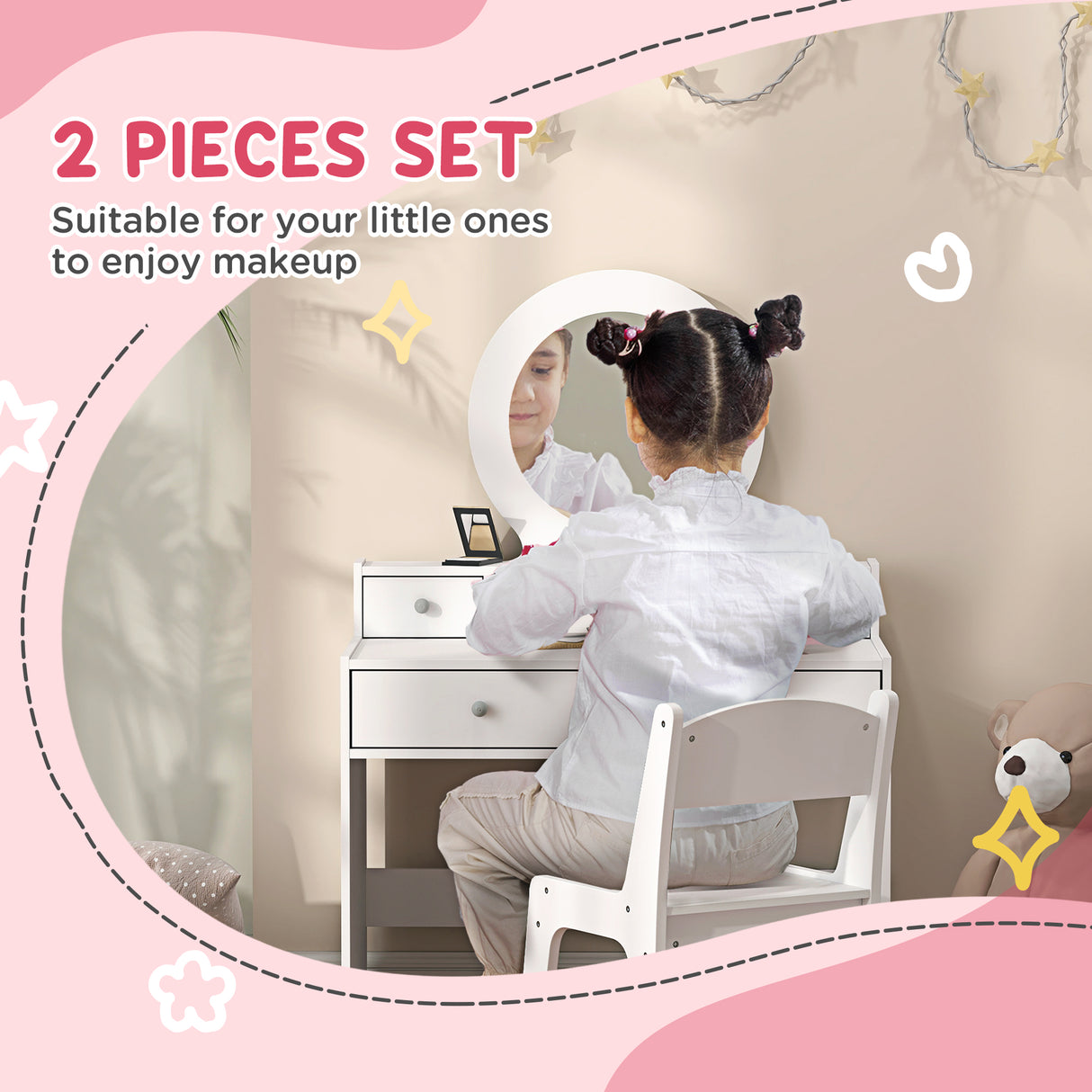 Wooden Kids Dressing Table Set 70cm Wide - Velmora