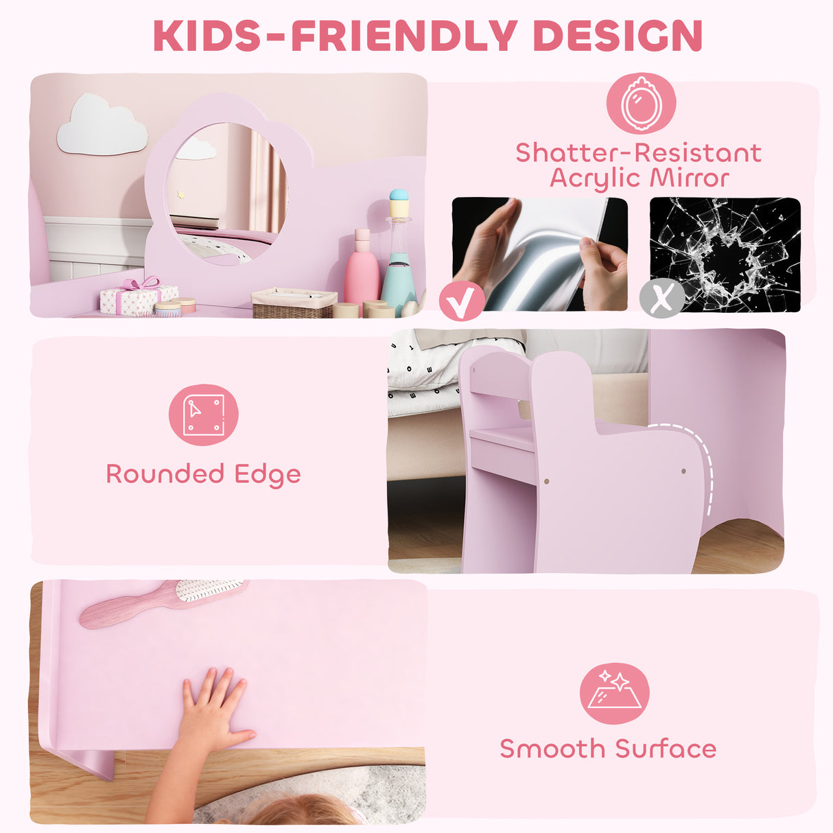 Wooden Kids Dressing Table Set 70cm Wide With Shelves - Velmora