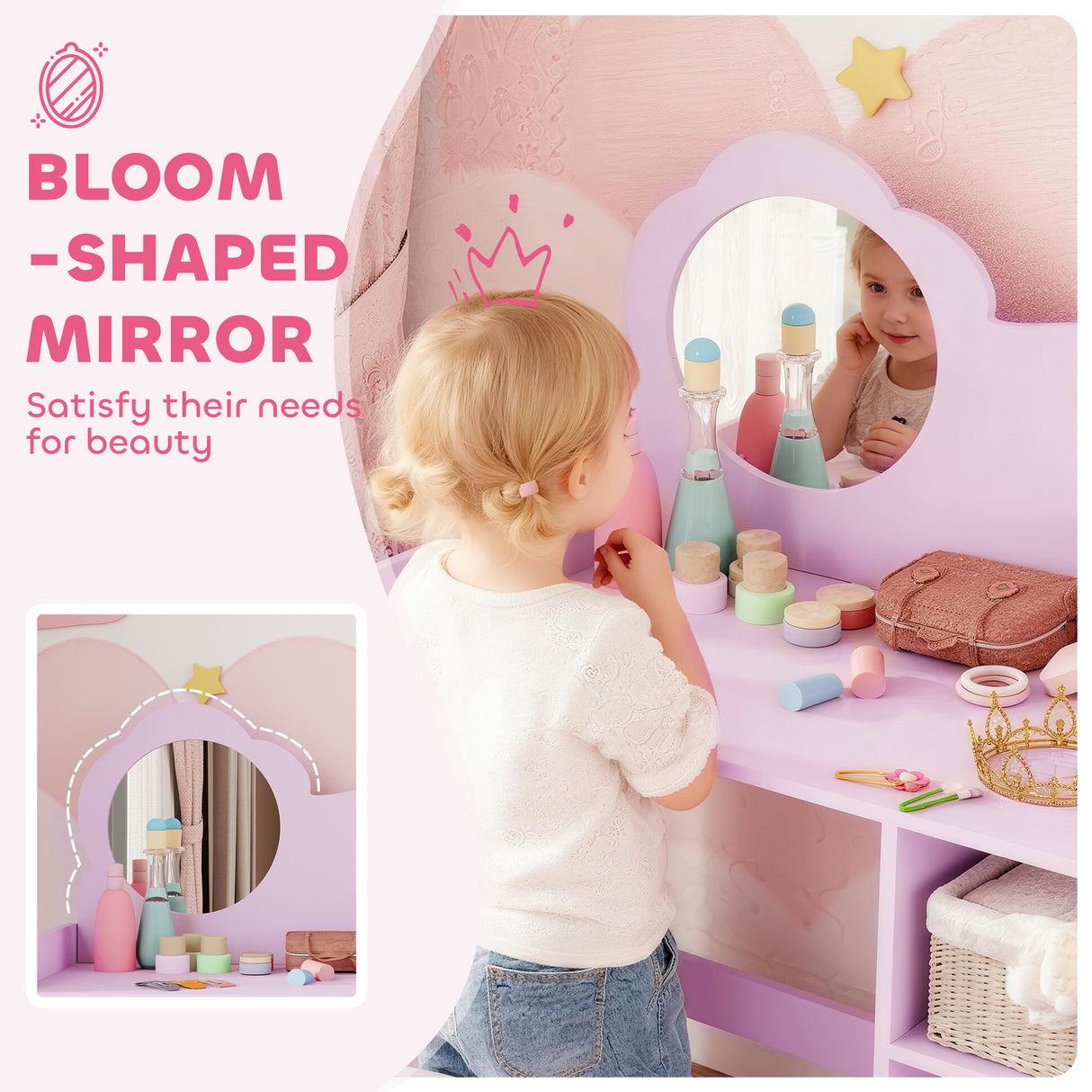 Wooden Kids Dressing Table Set 70cm Wide With Shelves - Velmora