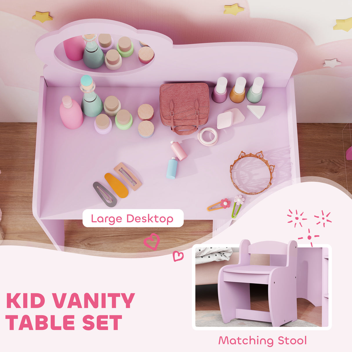 Wooden Kids Dressing Table Set 70cm Wide With Shelves - Velmora