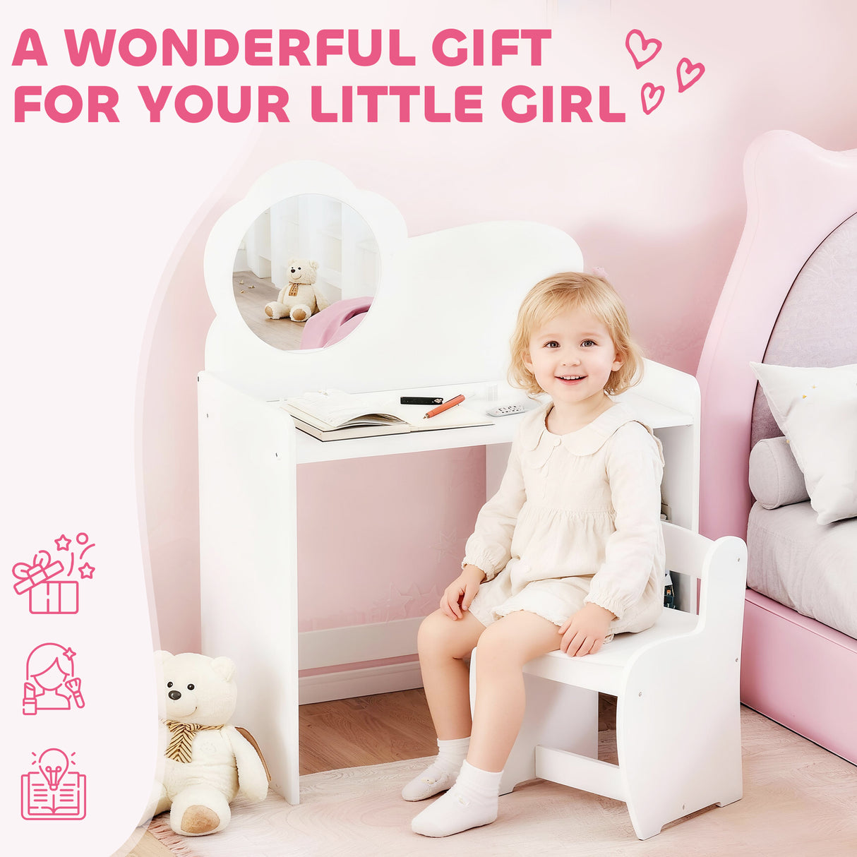 Wooden Kids Dressing Table Set 70cm Wide With Shelves - Velmora