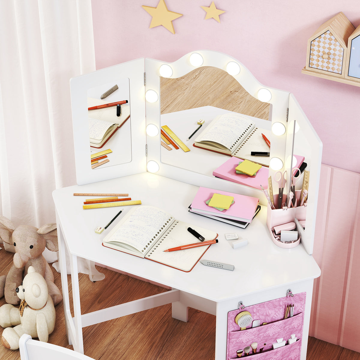 Wooden Kids Dressing Table Set 93.6cm Wide With LED Lights - Velmora