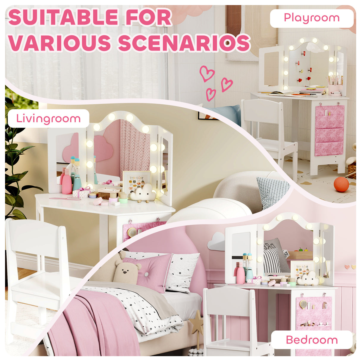 Wooden Kids Dressing Table Set 93.6cm Wide With LED Lights - Velmora