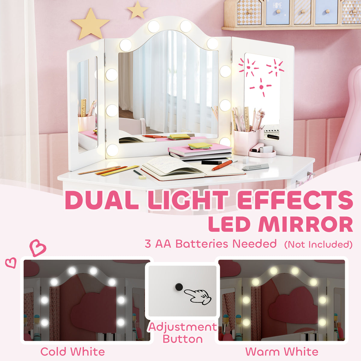 Wooden Kids Dressing Table Set 93.6cm Wide With LED Lights - Velmora