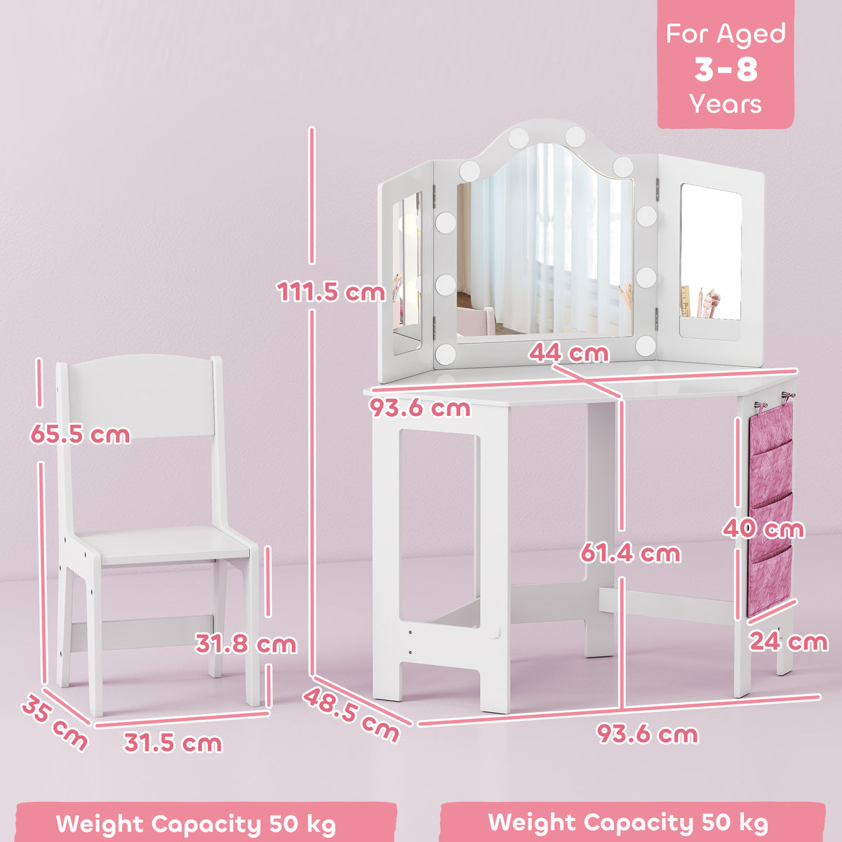 Wooden Kids Dressing Table Set 93.6cm Wide With LED Lights - Velmora