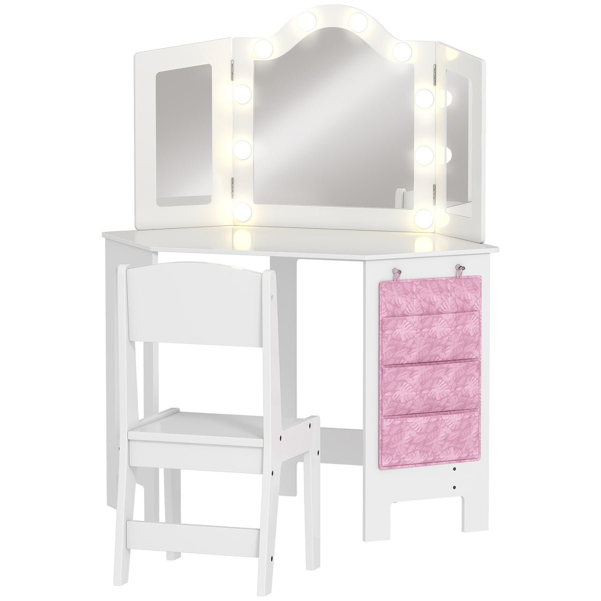 Wooden Kids Dressing Table Set 93.6cm Wide With LED Lights - Velmora