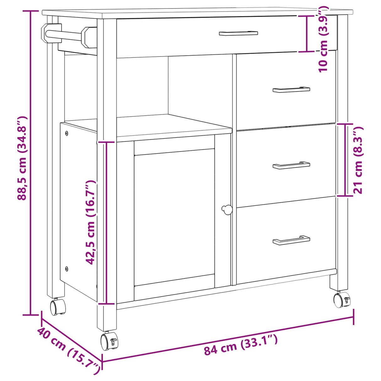 Wooden Kitchen Trolley 84cm Wide With 1 Door And 4 Drawers - Monza