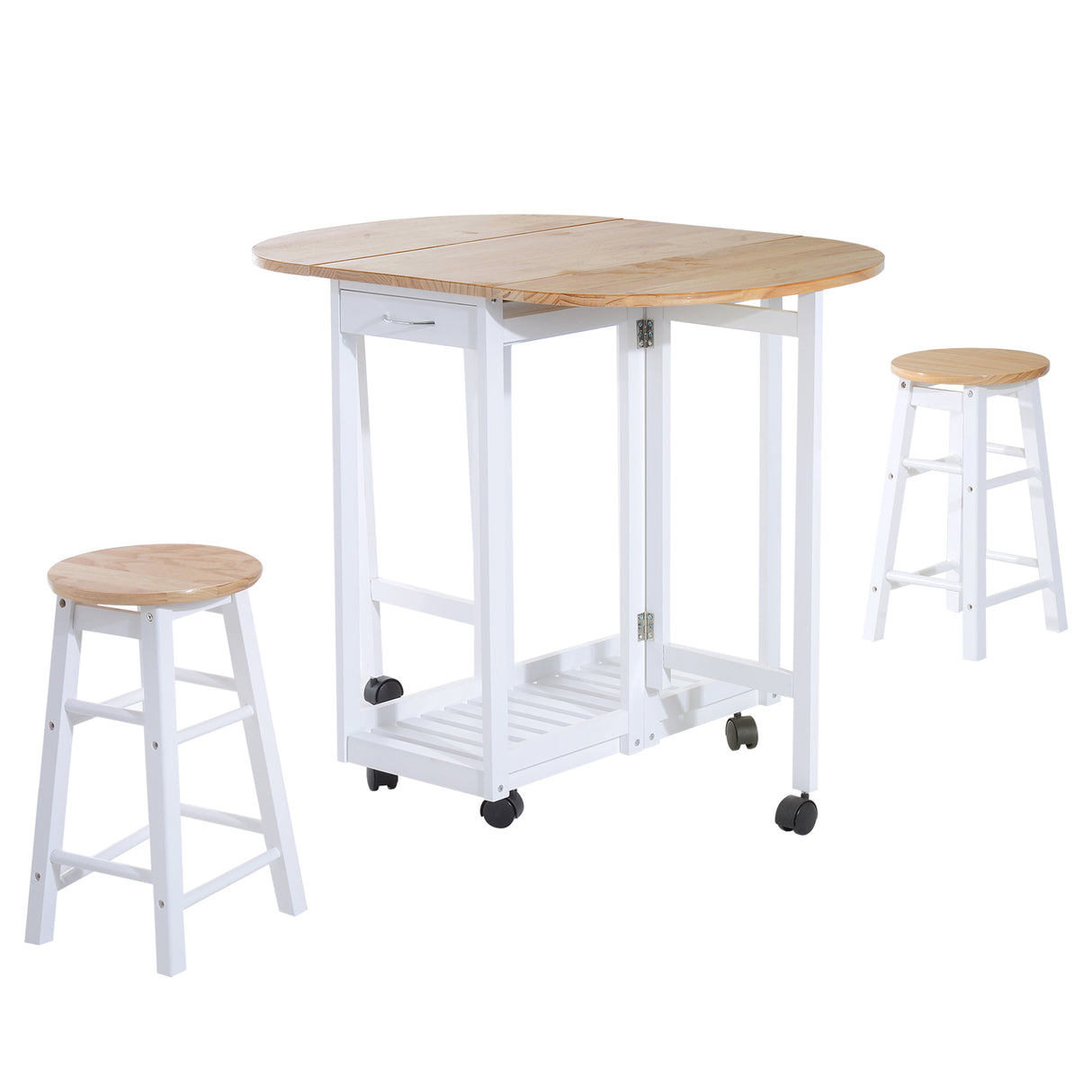 Wooden Mobile Foldable Drop Leaf Dining Table With 2 Stools - Velmora