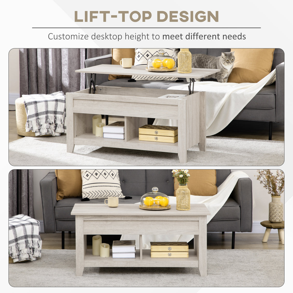 Wooden Modern Lift-up Coffee Table Rectangular With Shelves - Velmora
