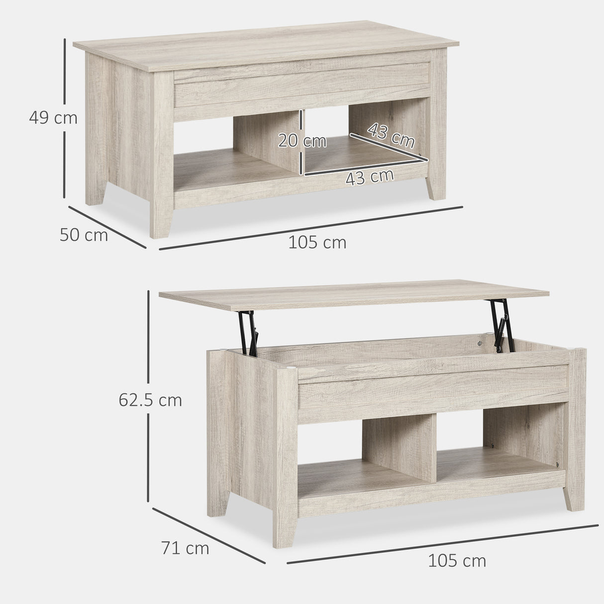 Wooden Modern Lift-up Coffee Table Rectangular With Shelves - Velmora