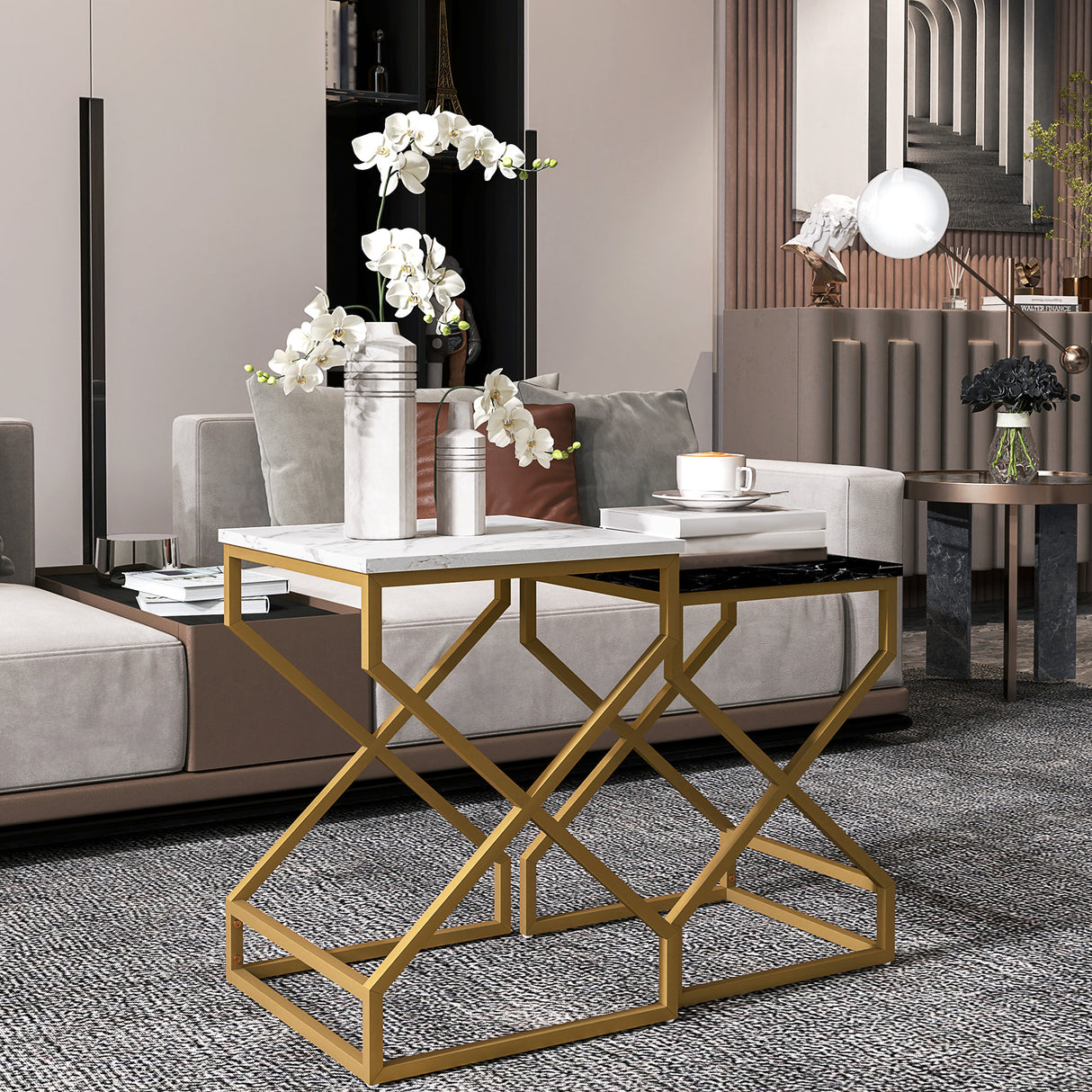 Wooden Nest Of 2 Tables 40cm Wide With Gold Steel Frame - Velmora