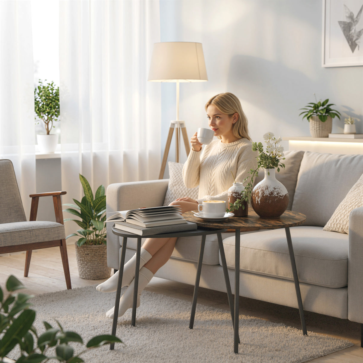 Wooden Nest Of 2 Tables 45cm Wide With Metal Legs - Velmora