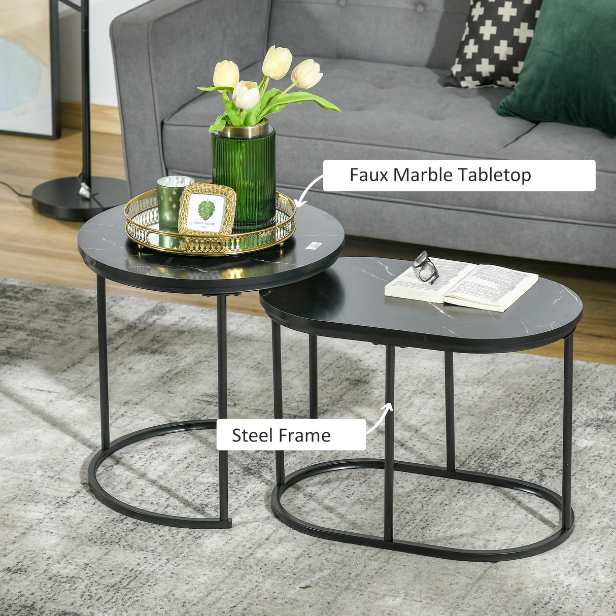 Wooden Nest of 2 Tables in Marble Effect - Velmora