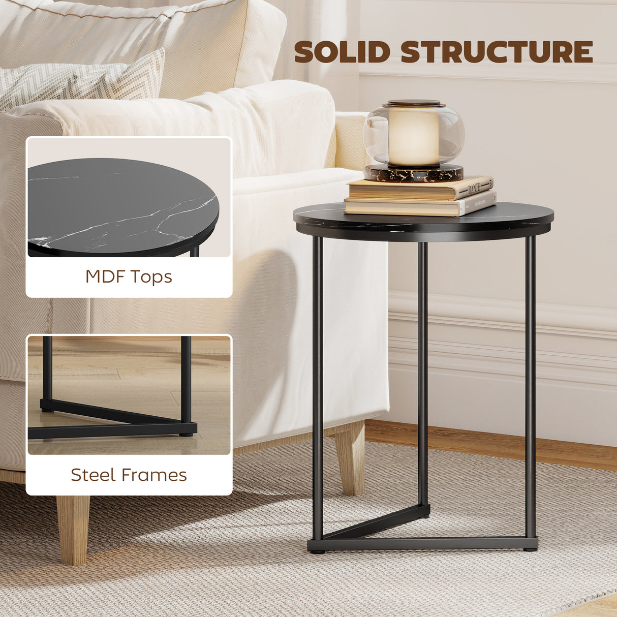 Wooden Nest of 2 Tables Round in Marble Effect - Velmora
