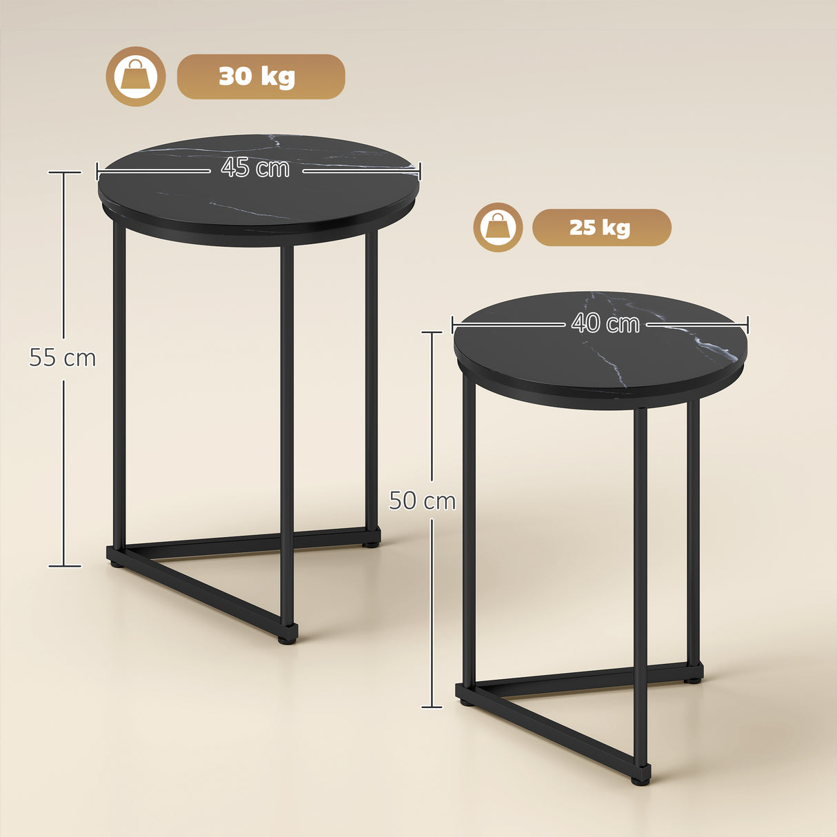 Wooden Nest of 2 Tables Round in Marble Effect - Velmora