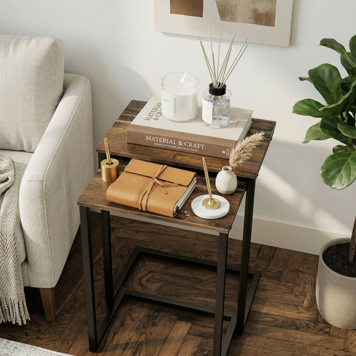 Wooden Nest Of 3 Tables 45cm Wide With Steel Frame - Velmora