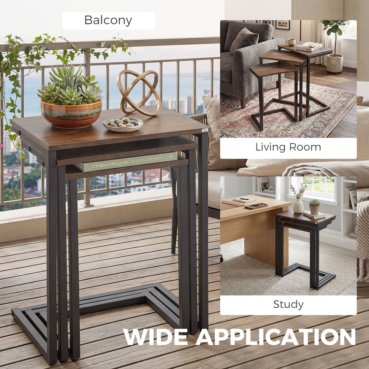 Wooden Nest Of 3 Tables 45cm Wide With Steel Frame - Velmora