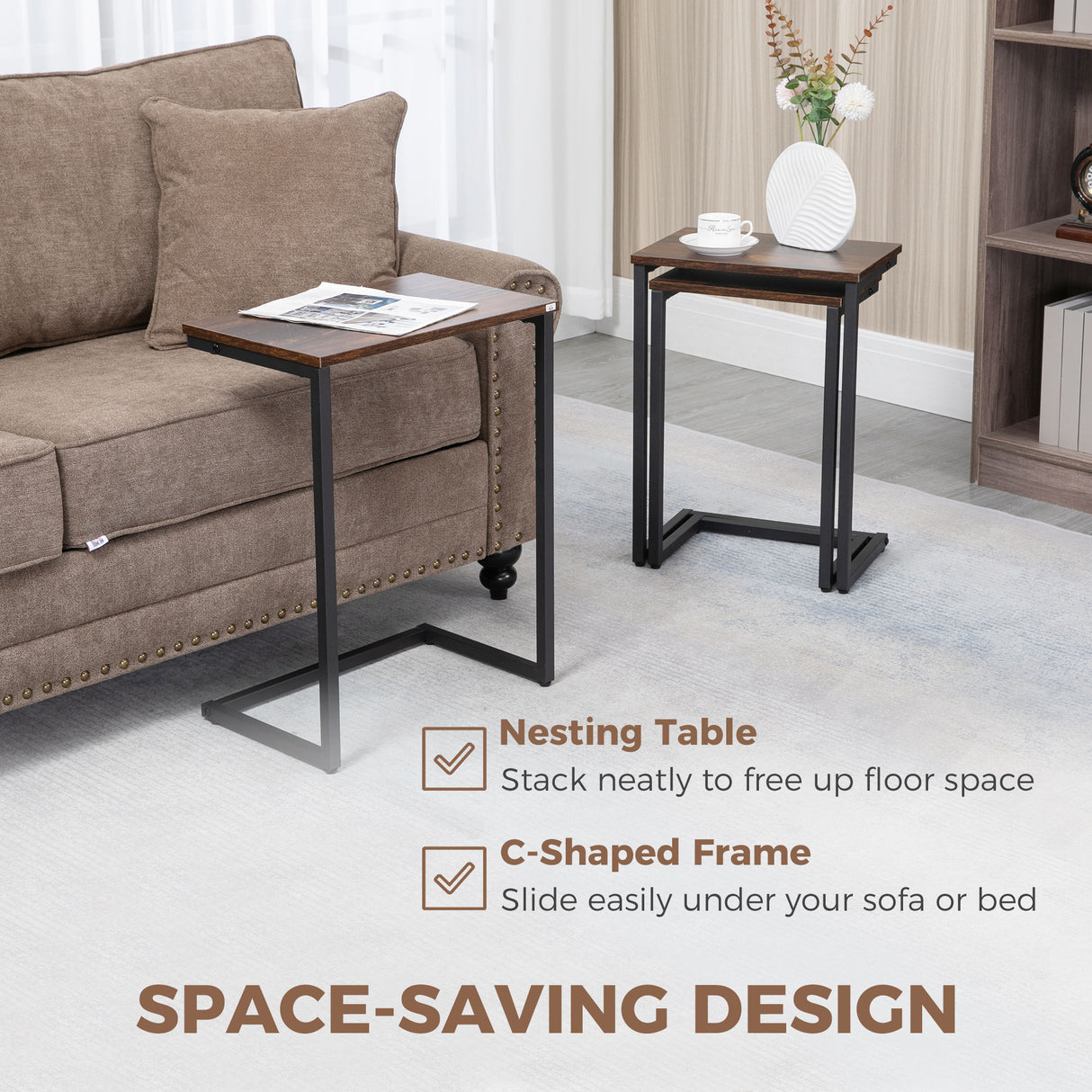 Wooden Nest Of 3 Tables 45cm Wide With Steel Frame - Velmora