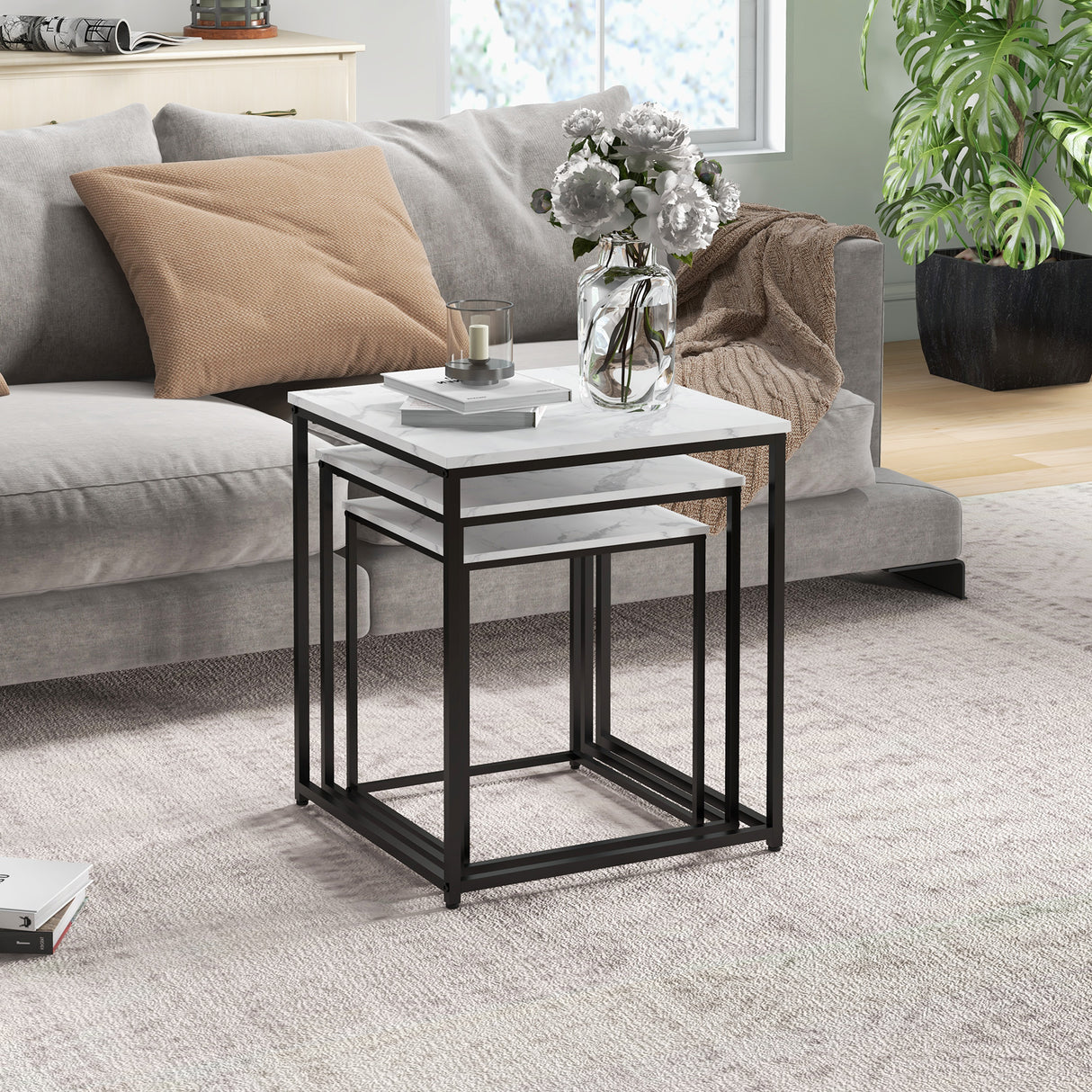 Wooden Nest of 3 Tables Square in Marble Effect - Velmora