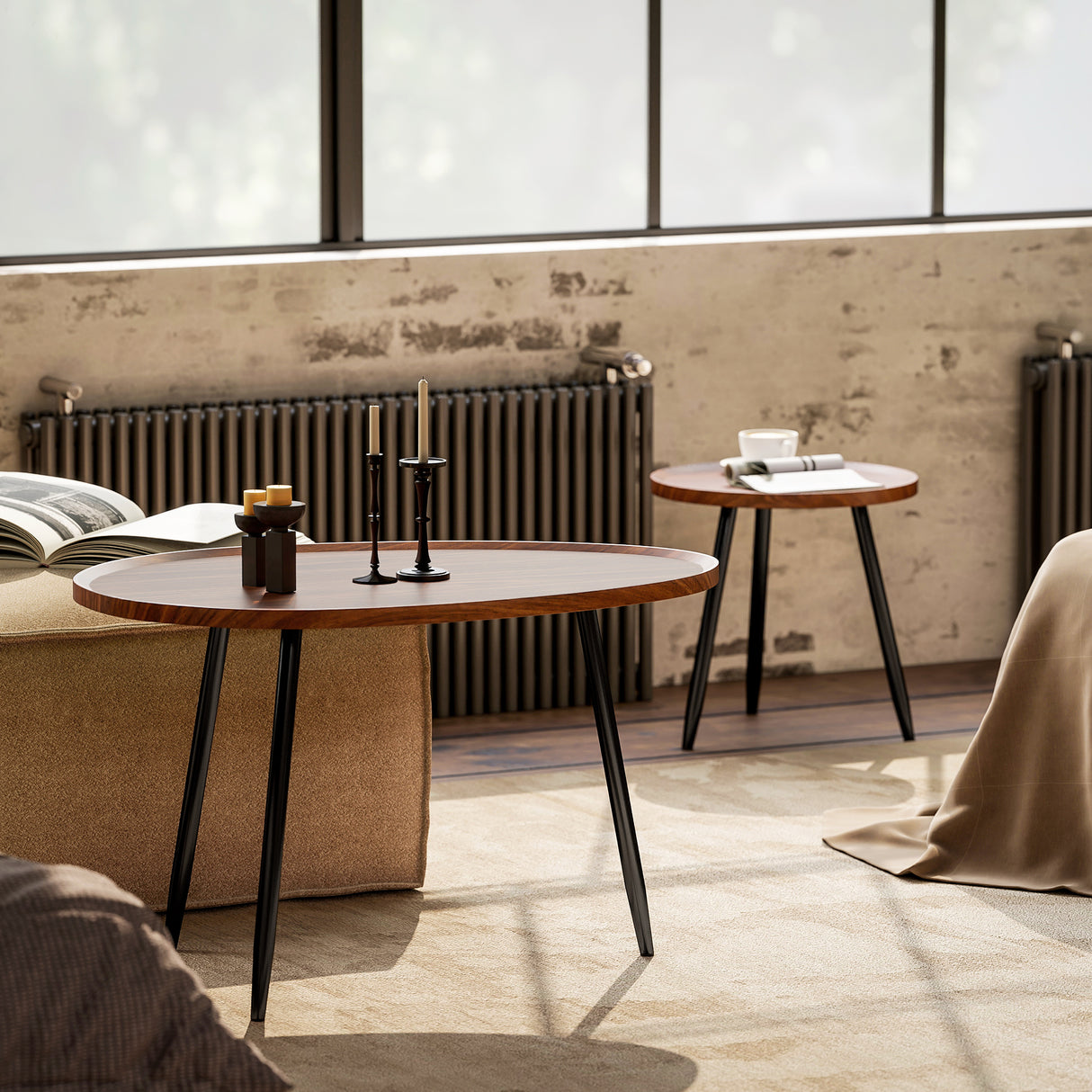 Wooden Nesting Coffee Tables Round in Set of With Metal Legs - Velmora