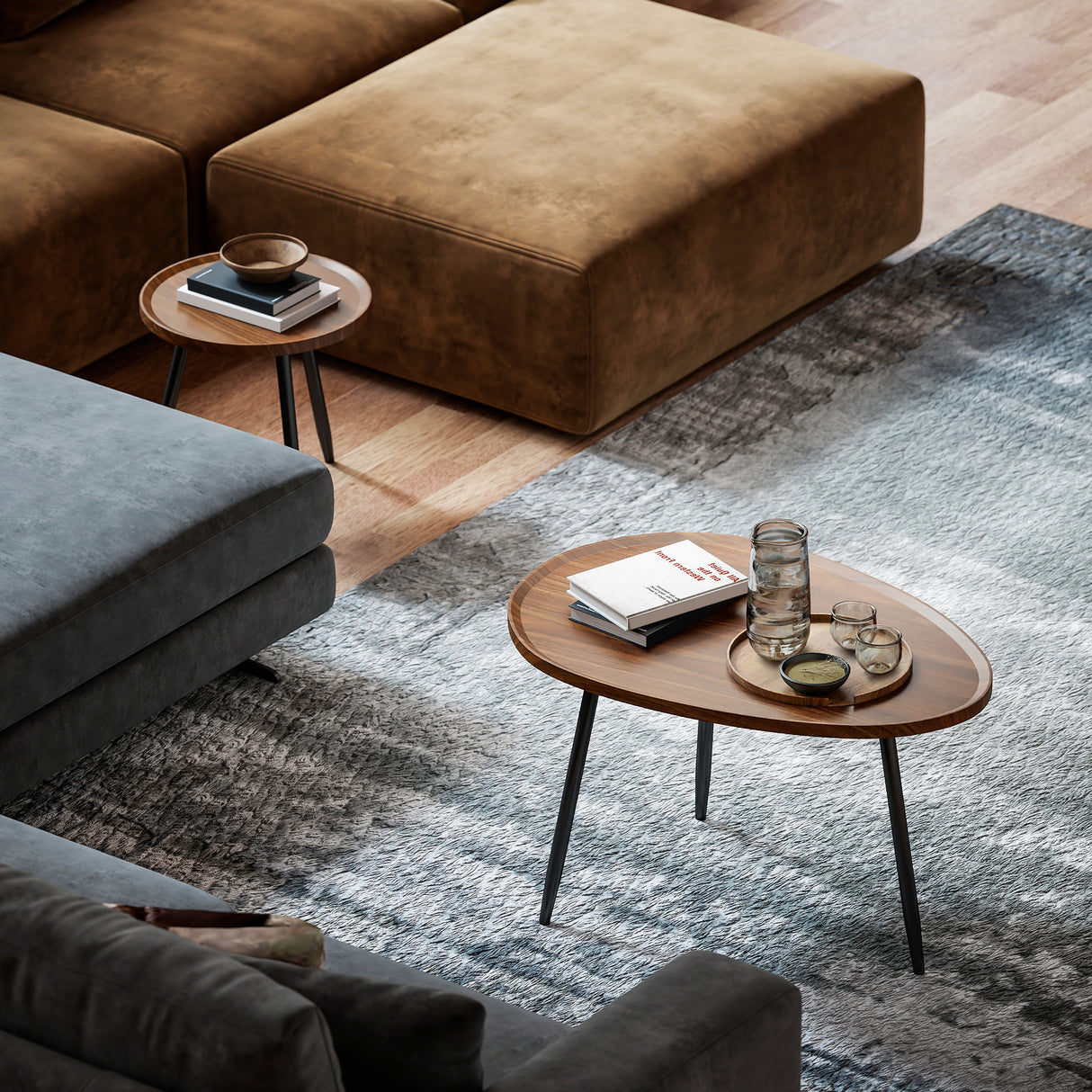 Wooden Nesting Coffee Tables Round in Set of With Metal Legs - Velmora