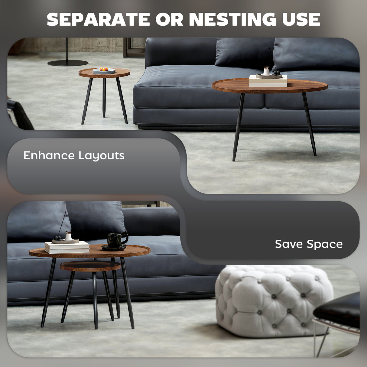 Wooden Nesting Coffee Tables Round in Set of With Metal Legs - Velmora