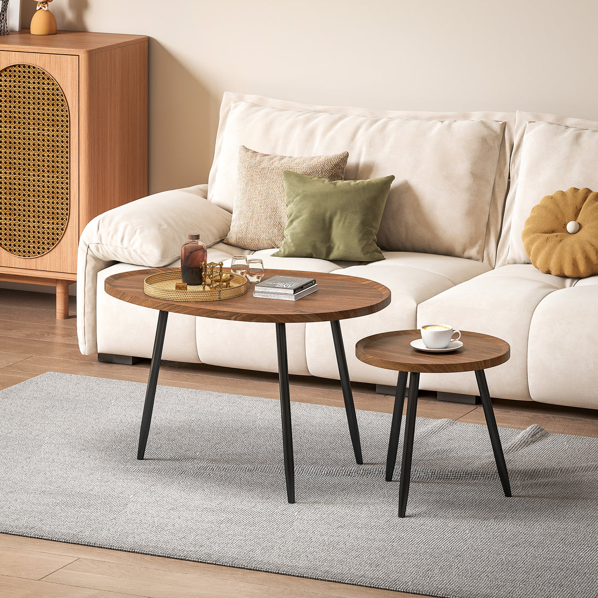 Wooden Nesting Coffee Tables Round in Set of With Metal Legs - Velmora