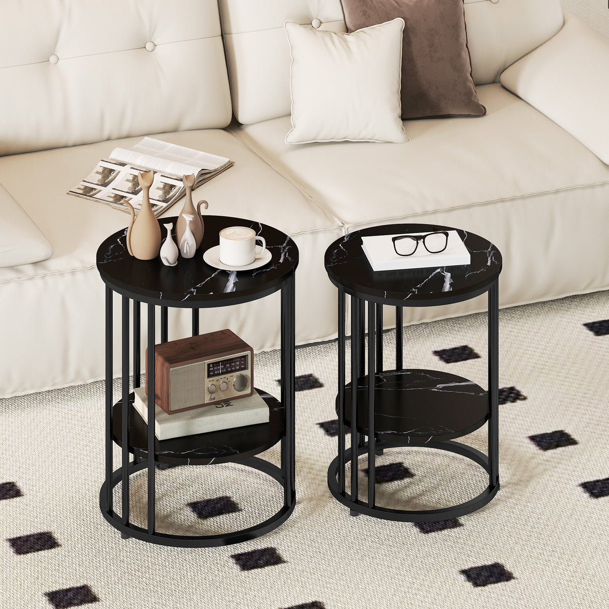 Wooden Nesting Coffee Tables Round in Set of 2 With Under Shelf - Velmora