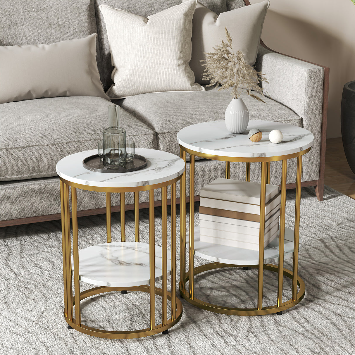 Wooden Nesting Coffee Tables Round in Set of 2 With Under Shelf - Velmora