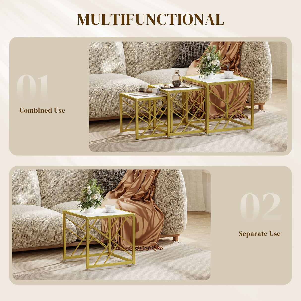 Wooden Nesting Coffee Tables Square in Set of 3 - Velmora