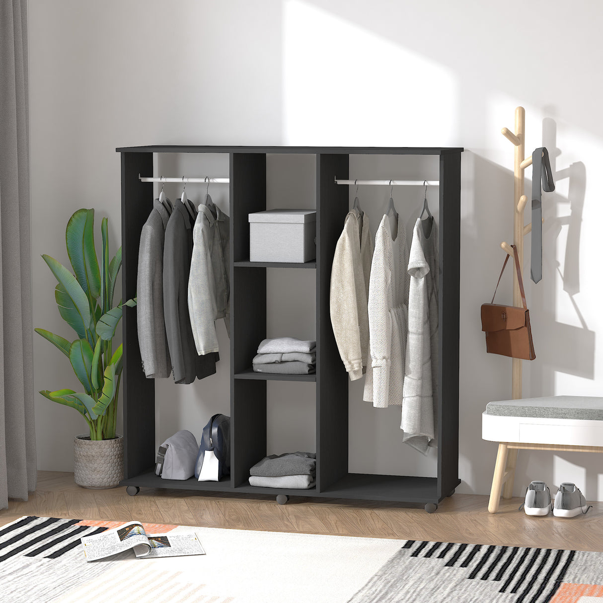 Wooden Open Wardrobe 120cm Wide With 6 Wheels - Velmora